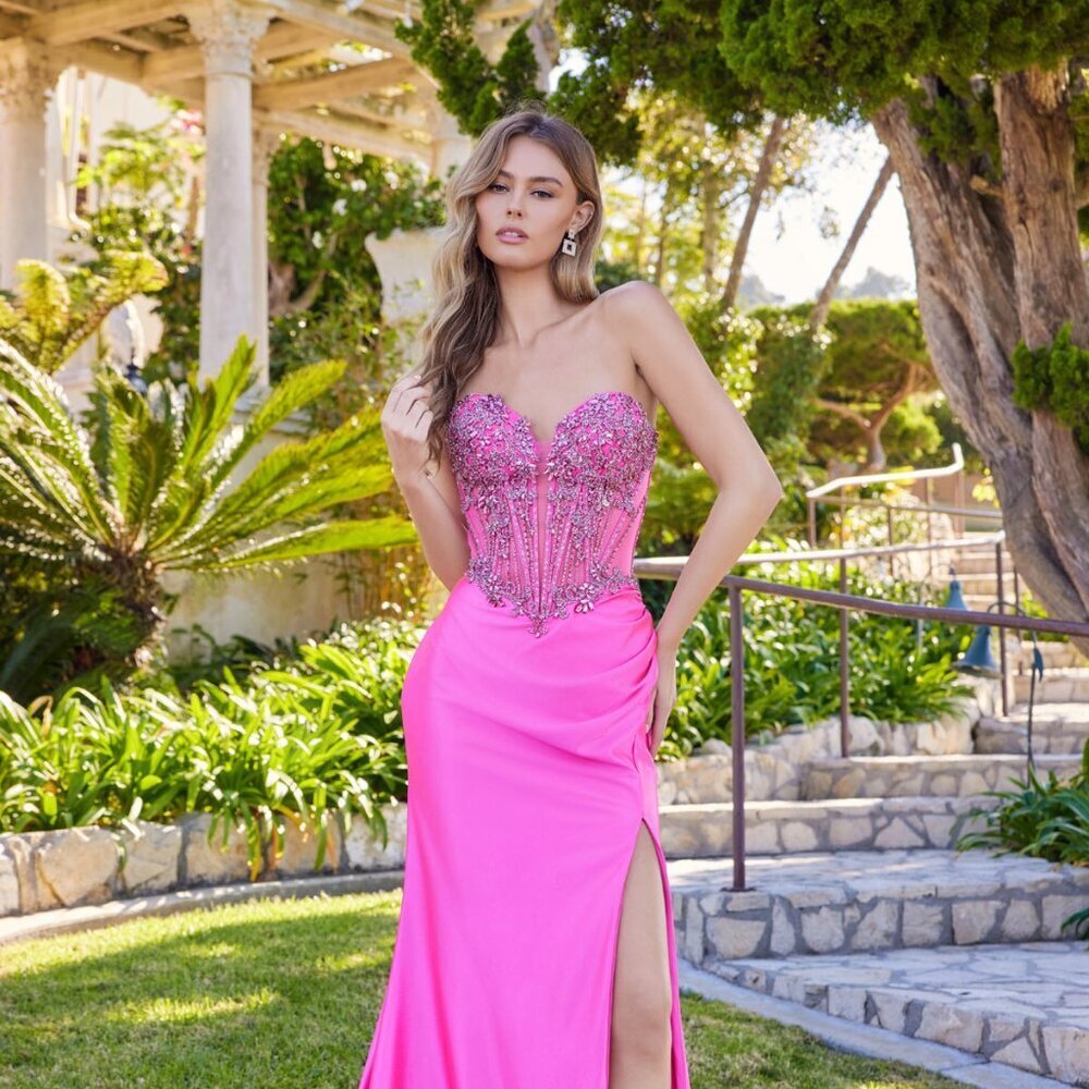 New Fuchsia Strapless Long Festive Dress w/ Corset Bodice & Leg Slit JT2648K